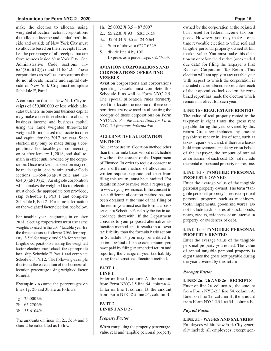 Instructions for Form NYC-2 Business Corporation Tax Return - New York City, Page 16