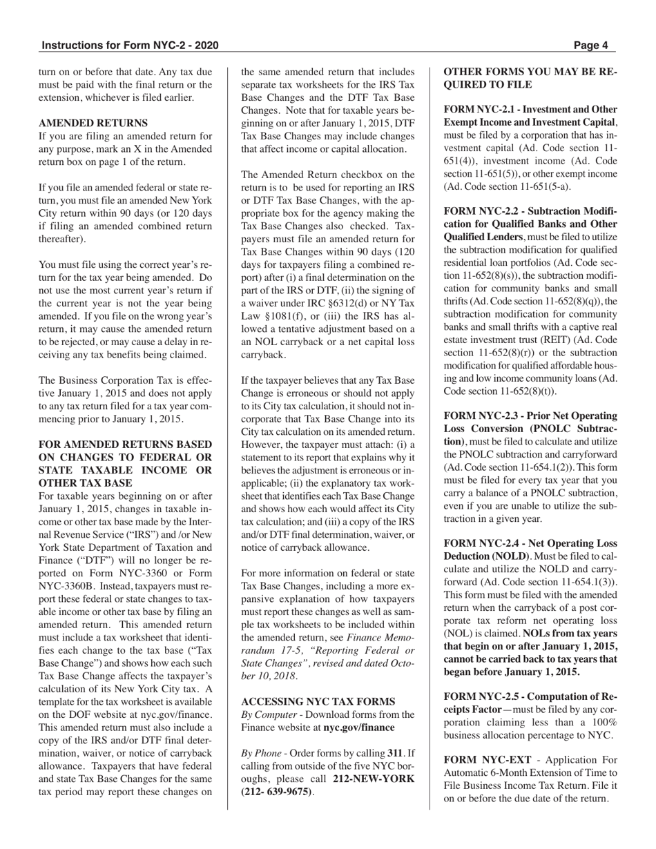 Instructions for Form NYC-2 Business Corporation Tax Return - New York City, Page 4