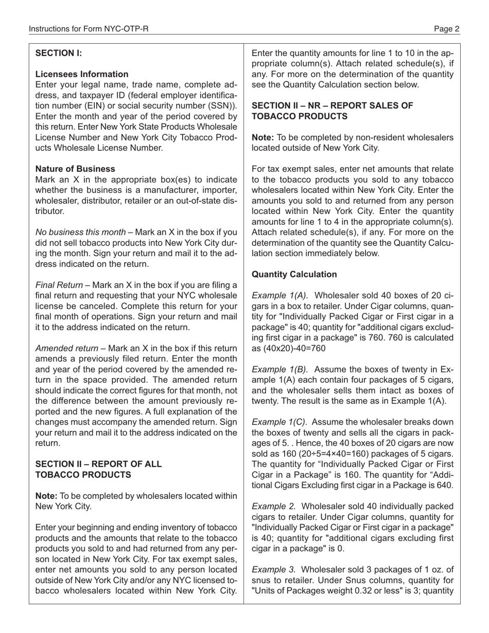 Instructions for Form OTP-R Nyc Other Tobacco Products Tax Return (Otp) - New York City, Page 2