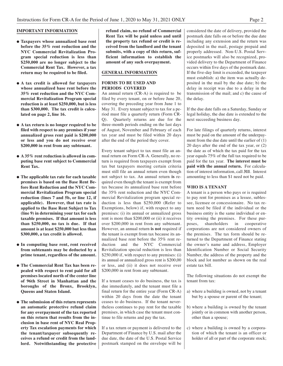 Instructions for Form CR-A Commercial Rent Tax Return - New York City, Page 2