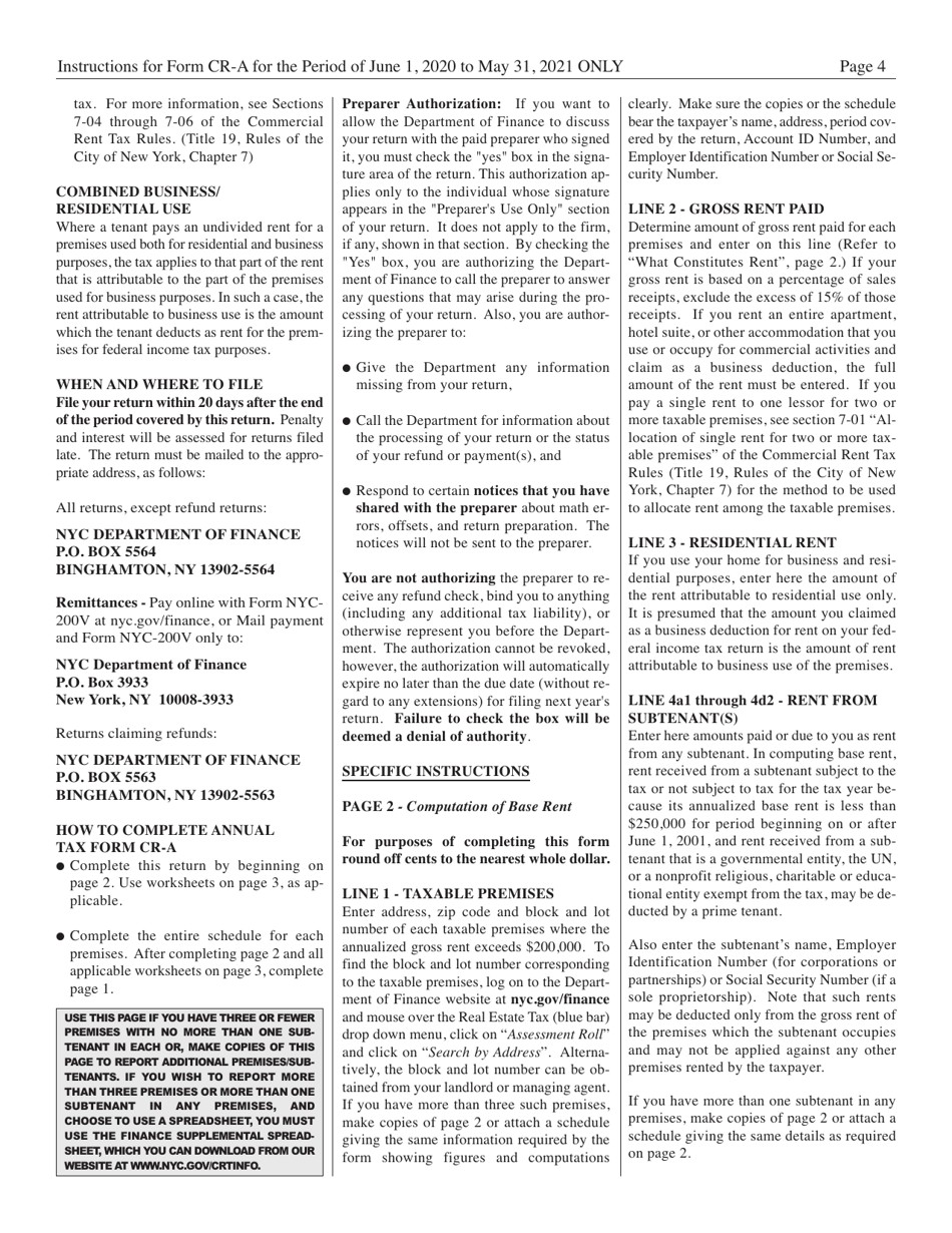Instructions for Form CR-A Commercial Rent Tax Return - New York City, Page 4