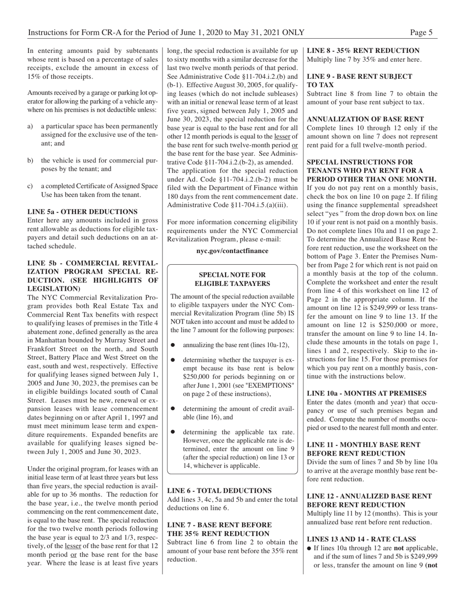 Instructions for Form CR-A Commercial Rent Tax Return - New York City, Page 5