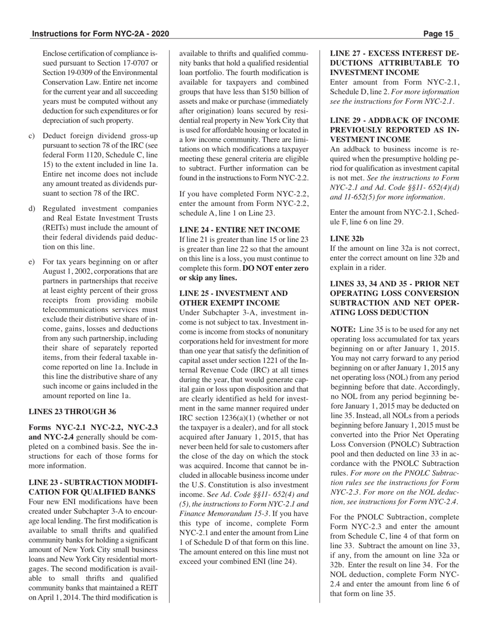 Instructions for Form NYC-2A Combined Business Corporation Tax Return - New York City, Page 15