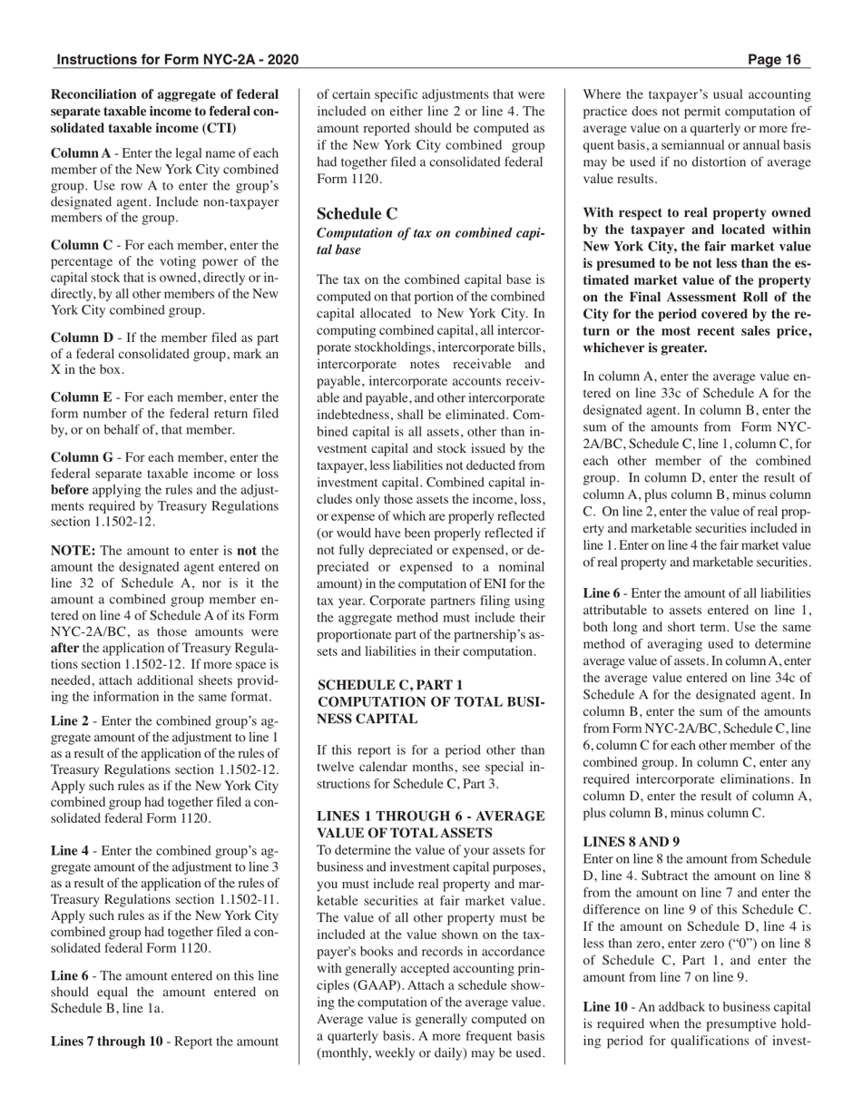 Instructions for Form NYC-2A Combined Business Corporation Tax Return - New York City, Page 16