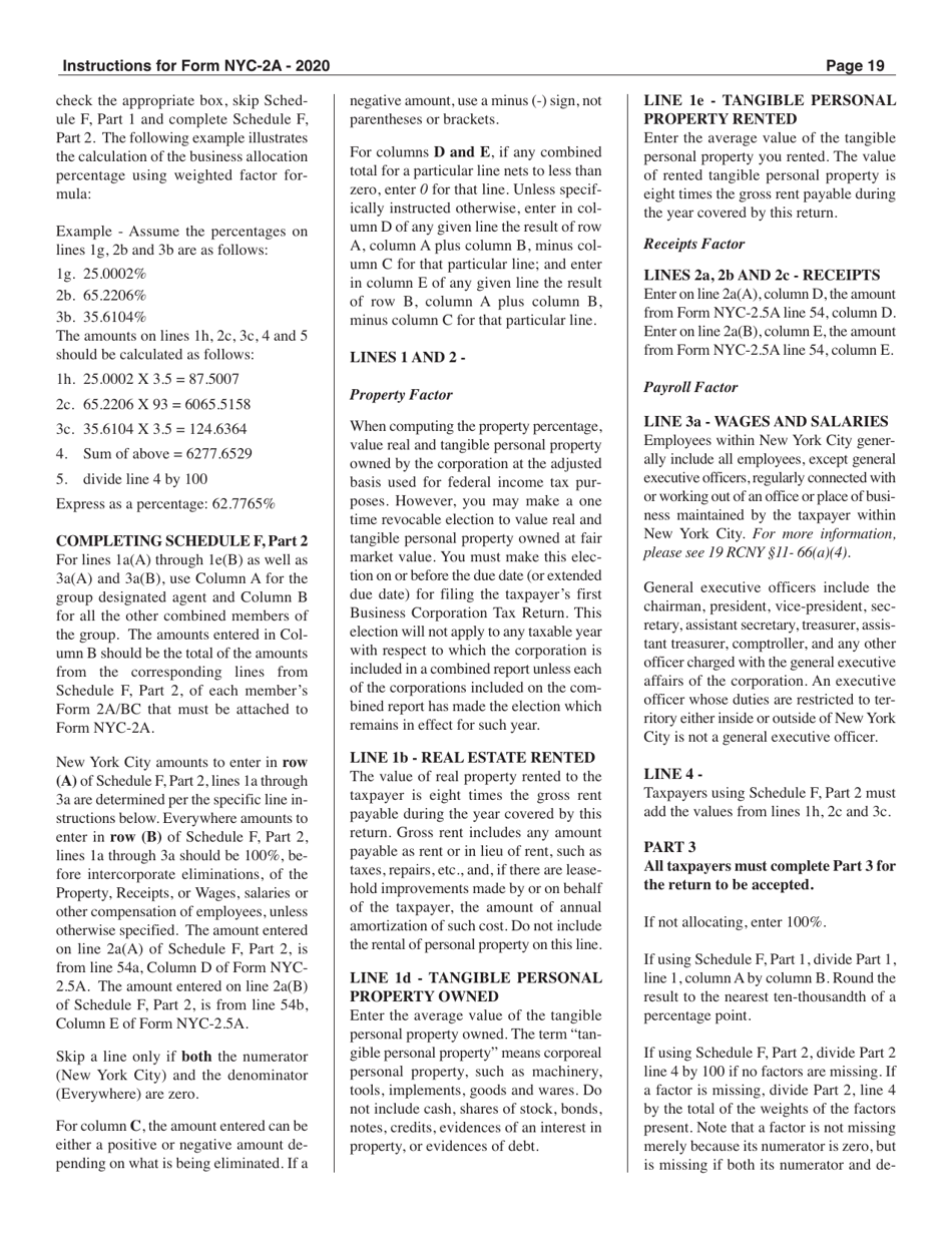 Instructions for Form NYC-2A Combined Business Corporation Tax Return - New York City, Page 19