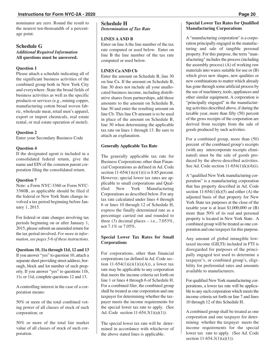 Instructions for Form NYC-2A Combined Business Corporation Tax Return - New York City, Page 20