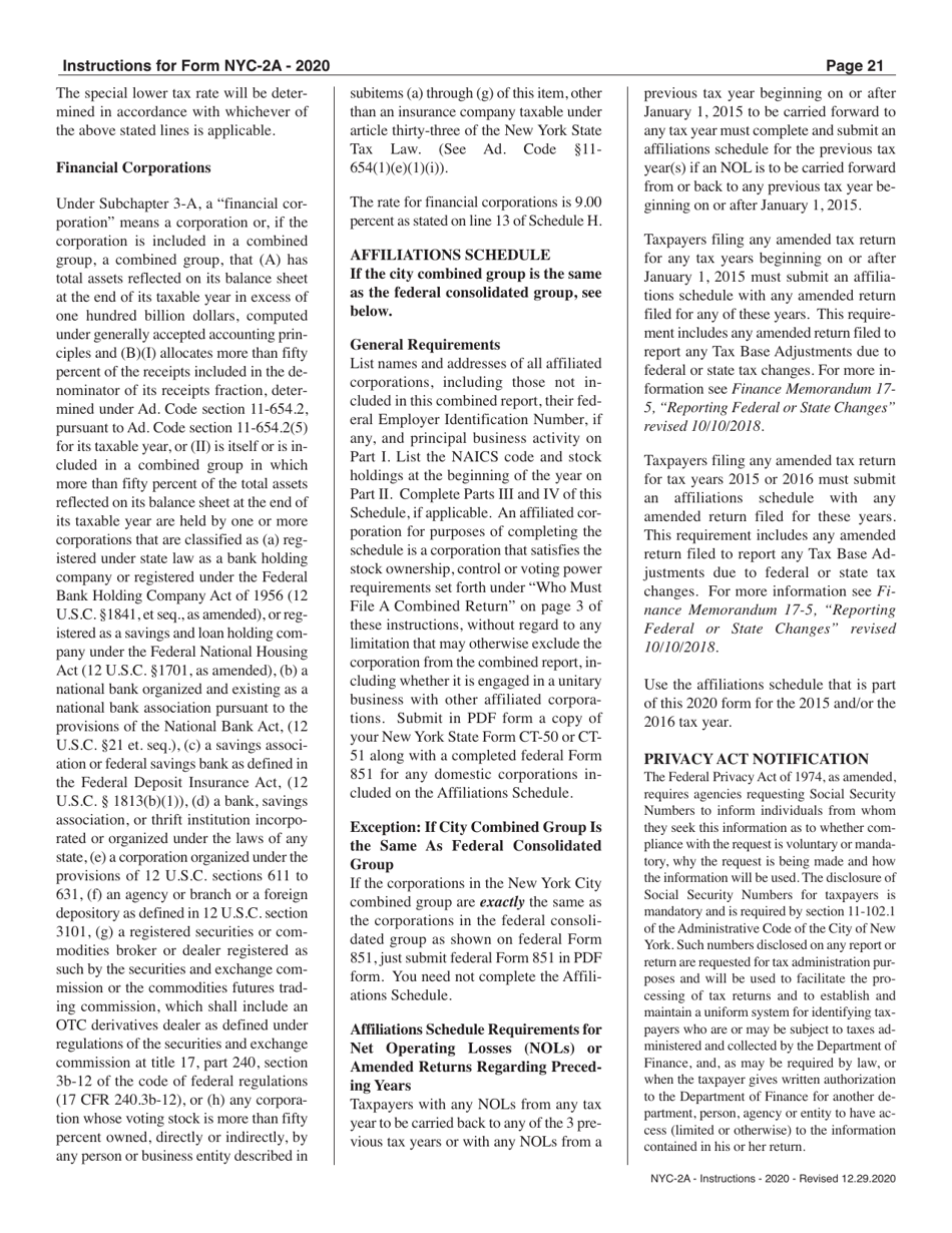 Instructions for Form NYC-2A Combined Business Corporation Tax Return - New York City, Page 21
