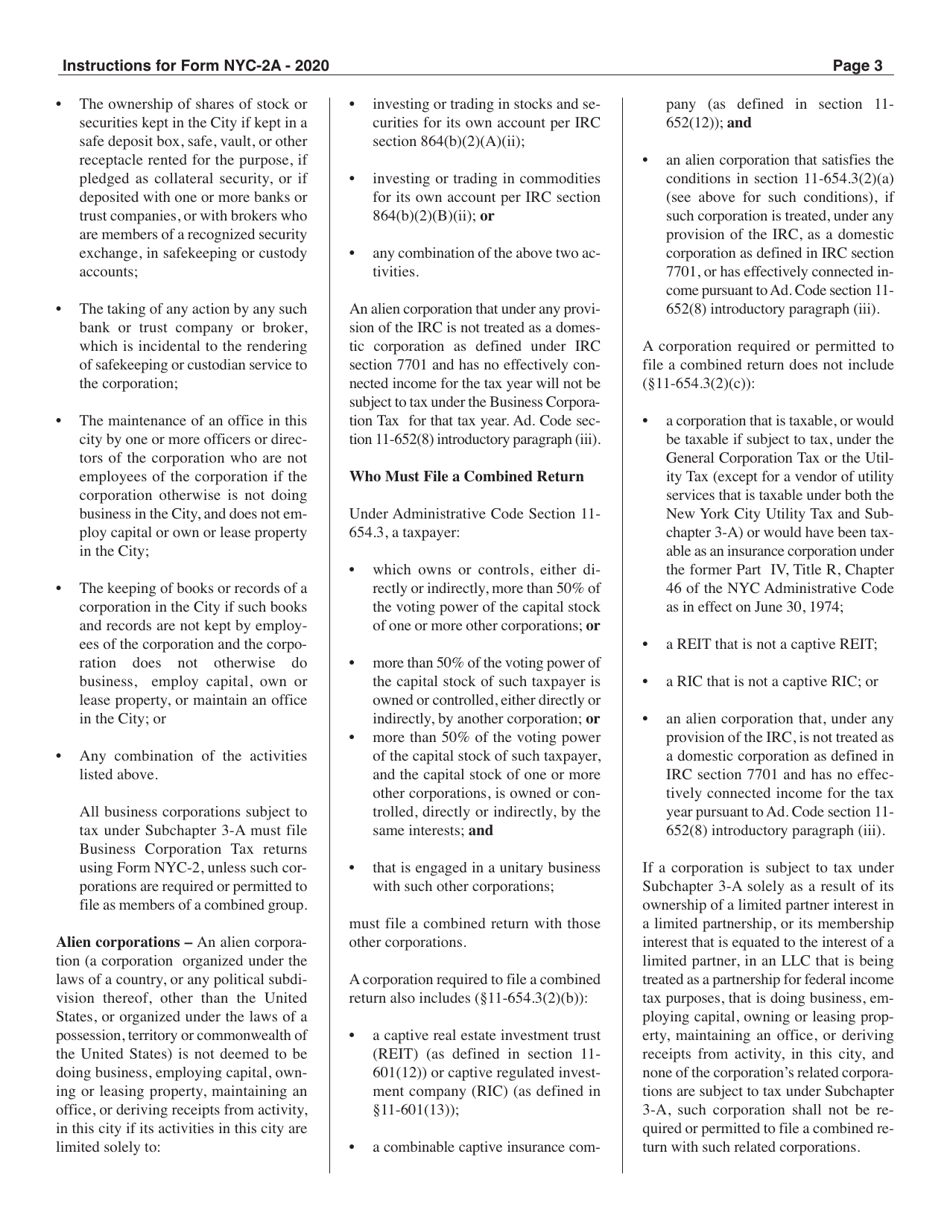 Instructions for Form NYC-2A Combined Business Corporation Tax Return - New York City, Page 3