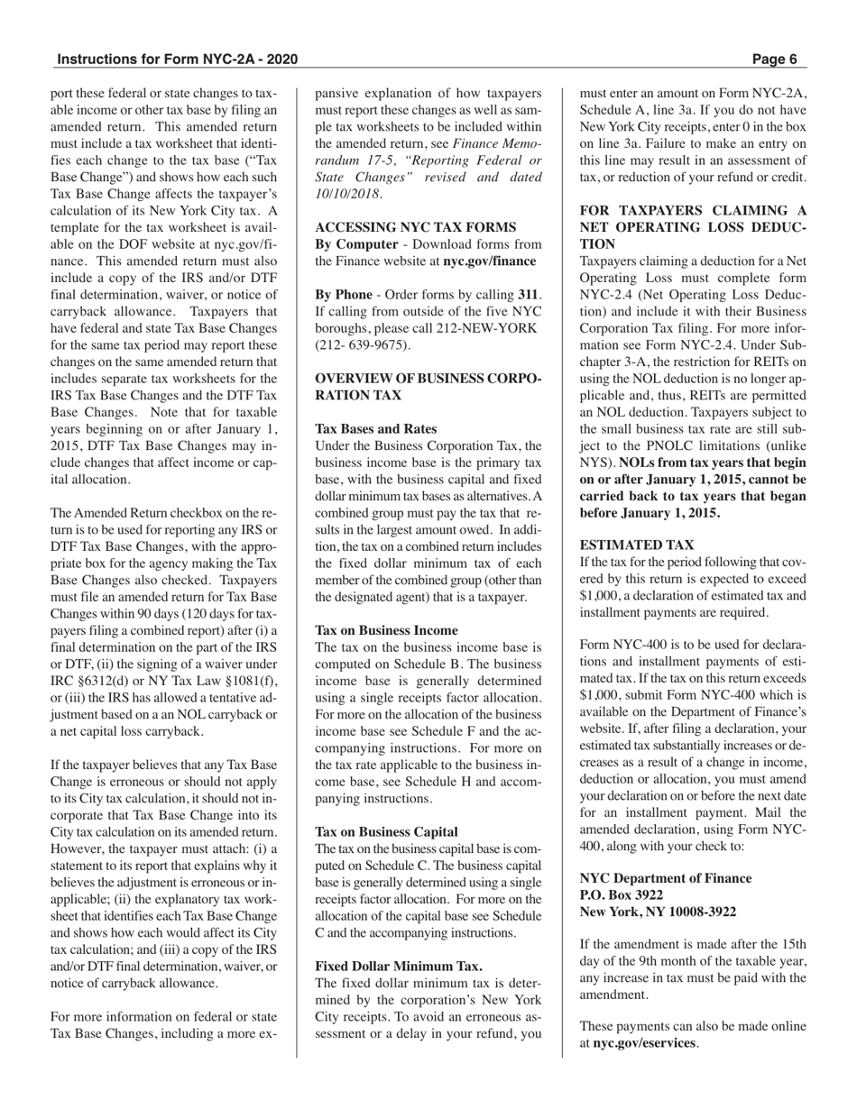 Instructions for Form NYC-2A Combined Business Corporation Tax Return - New York City, Page 6