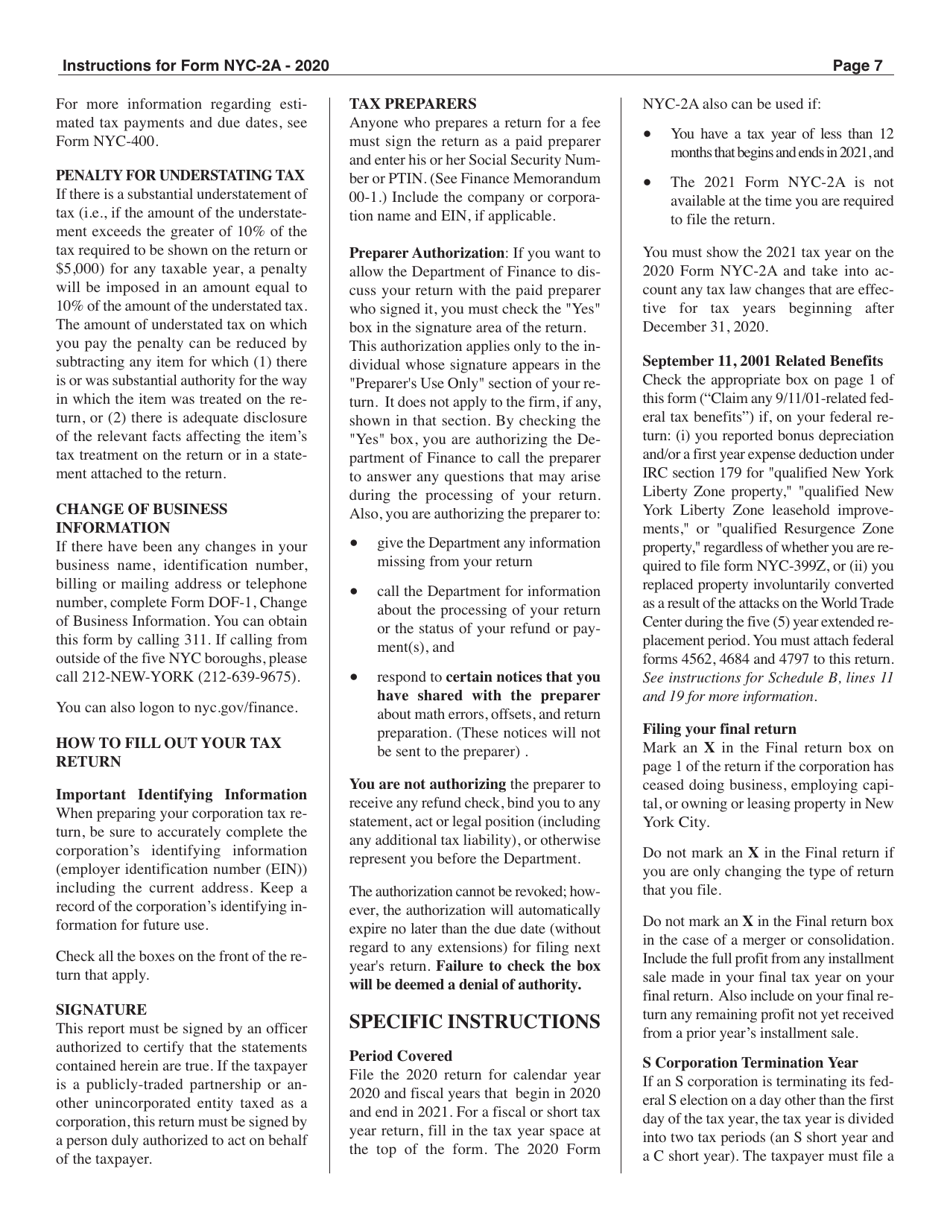Instructions for Form NYC-2A Combined Business Corporation Tax Return - New York City, Page 7