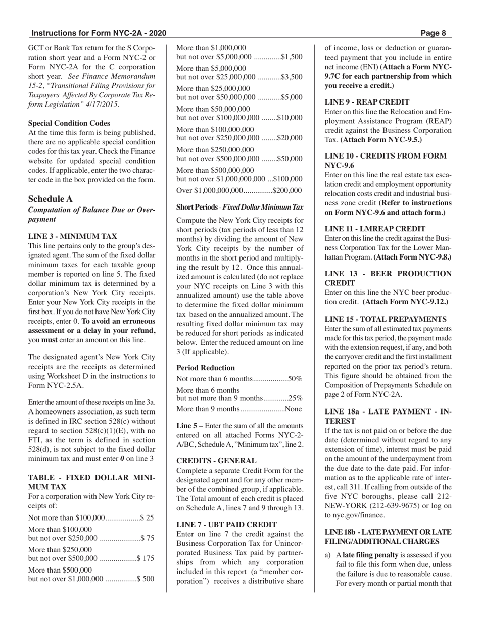 Instructions for Form NYC-2A Combined Business Corporation Tax Return - New York City, Page 8