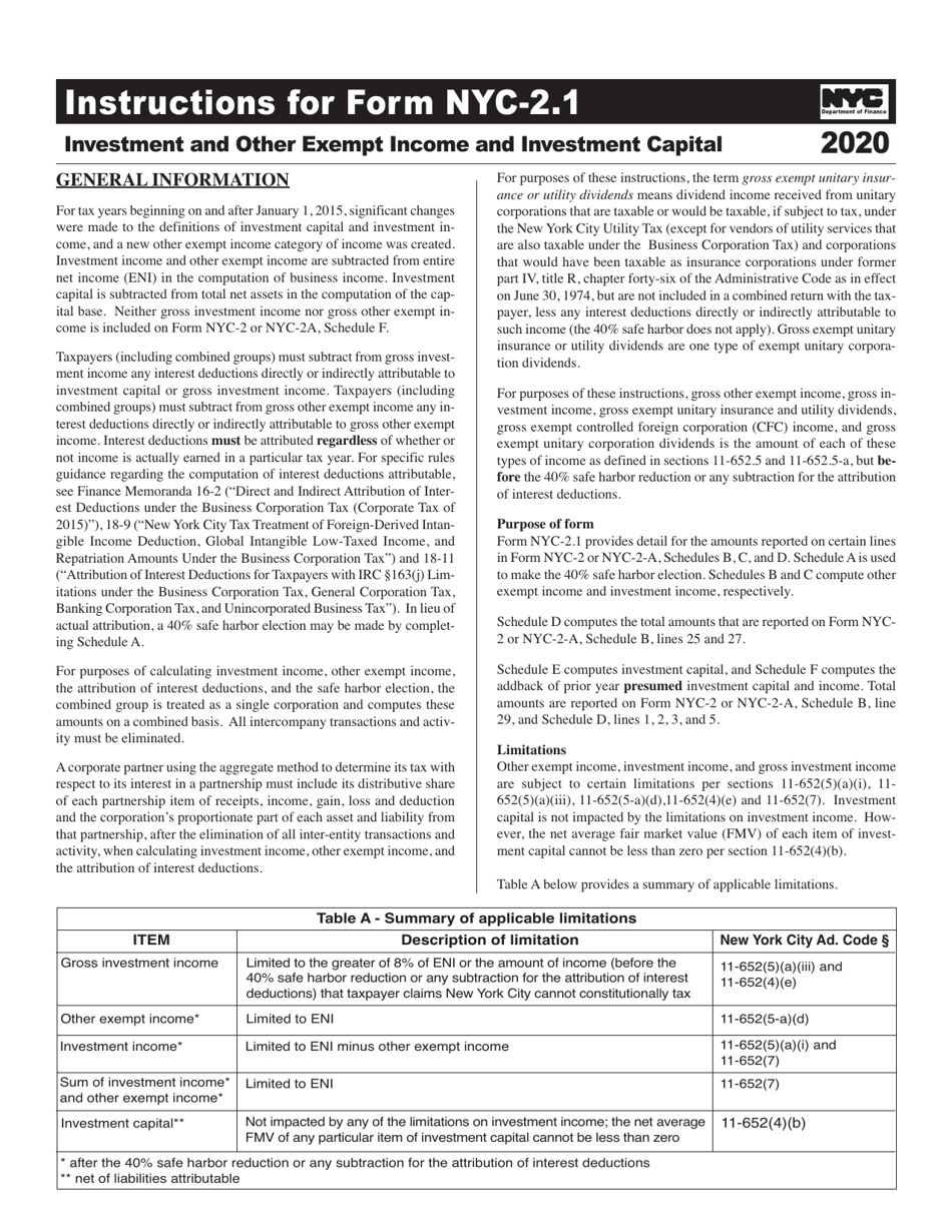 Instructions for Form NYC-2.1 Investment and Other Exempt Income and Investment Capital - New York City, Page 1