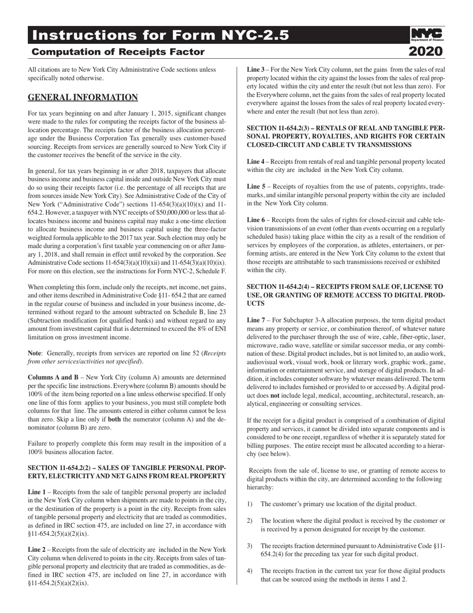 Instructions for Form NYC-2.5 Computation of Receipts Factor - New York City, Page 1