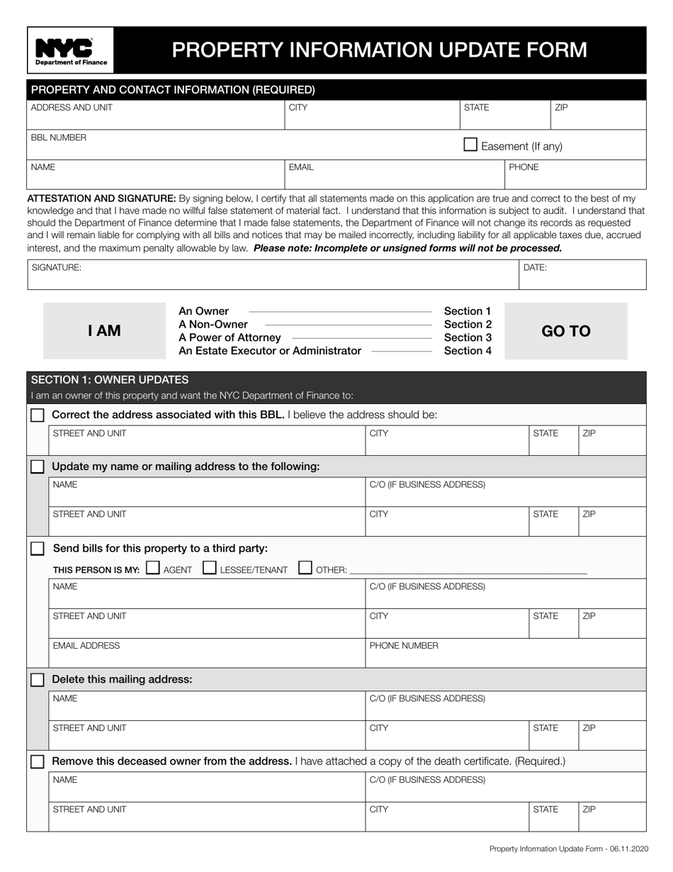 Property Information Update Form - New York City, Page 1