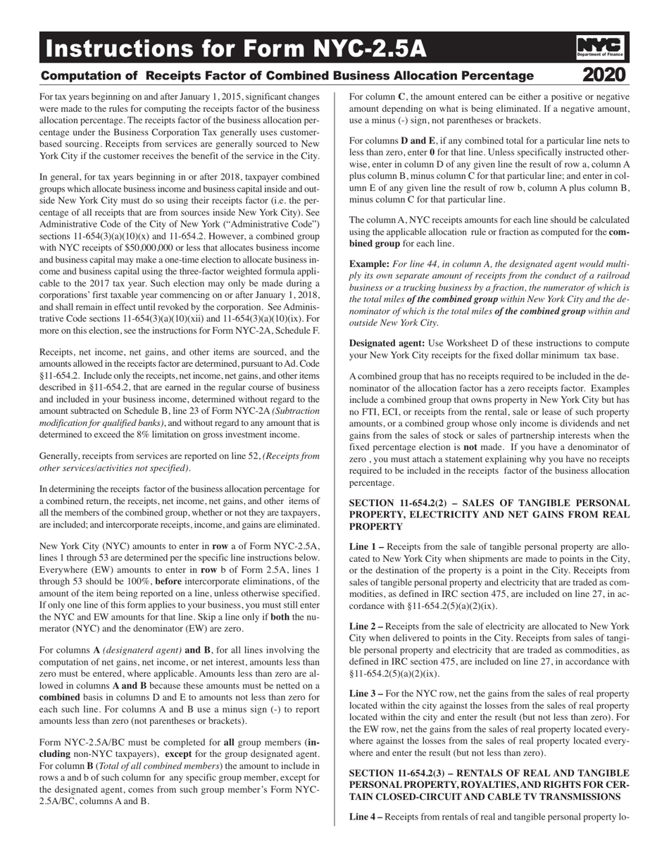 Instructions for Form NYC-2.5A Computation of Receipts Factor - New York City, Page 1