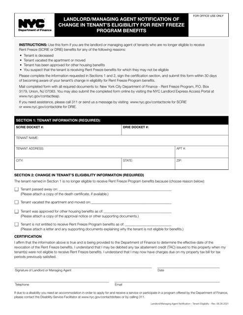 Landlord / Managing Agent Notification of Change in Tenant's Eligibility for Rent Freeze Program Benefits - New York City Download Pdf