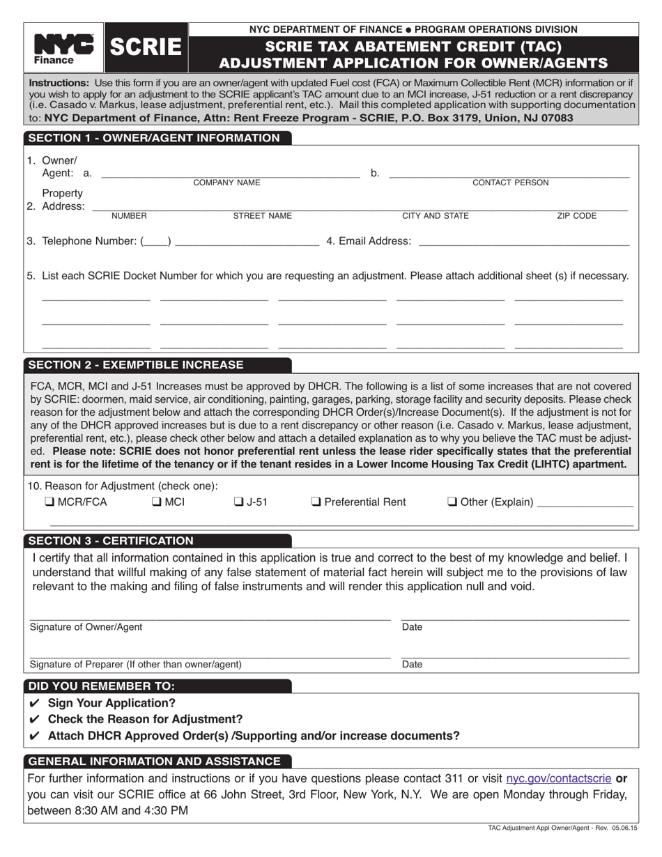 Scrie Tax Abatement Credit (Tac) Adjustment Application for Owner / Agents - New York City, Page 1