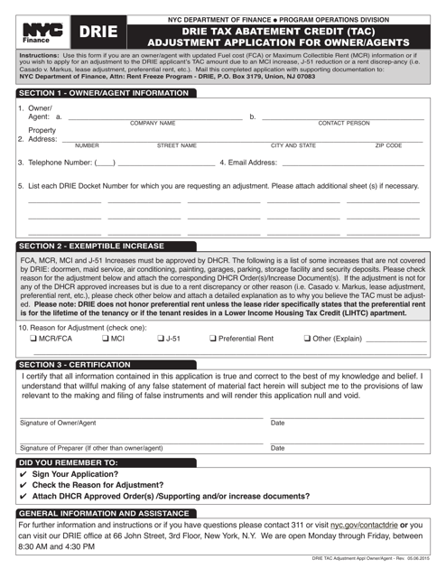 Drie Tax Abatement Credit (Tac) Adjustment Application for Owner / Agents - New York City Download Pdf