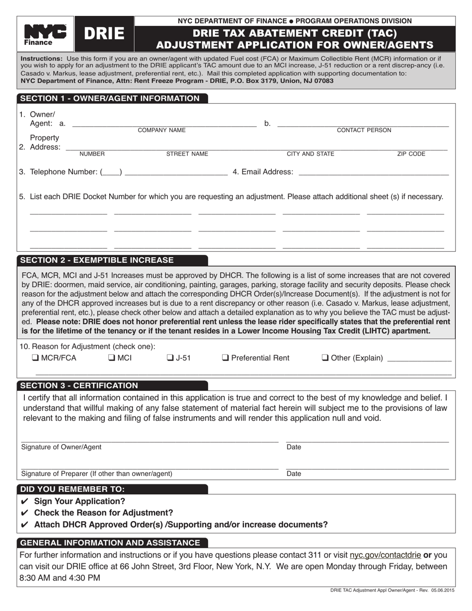 Drie Tax Abatement Credit (Tac) Adjustment Application for Owner / Agents - New York City, Page 1