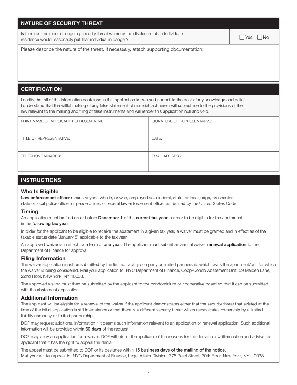 Cooperative / Condominium Abatement Security Waiver Application - New York City, Page 2