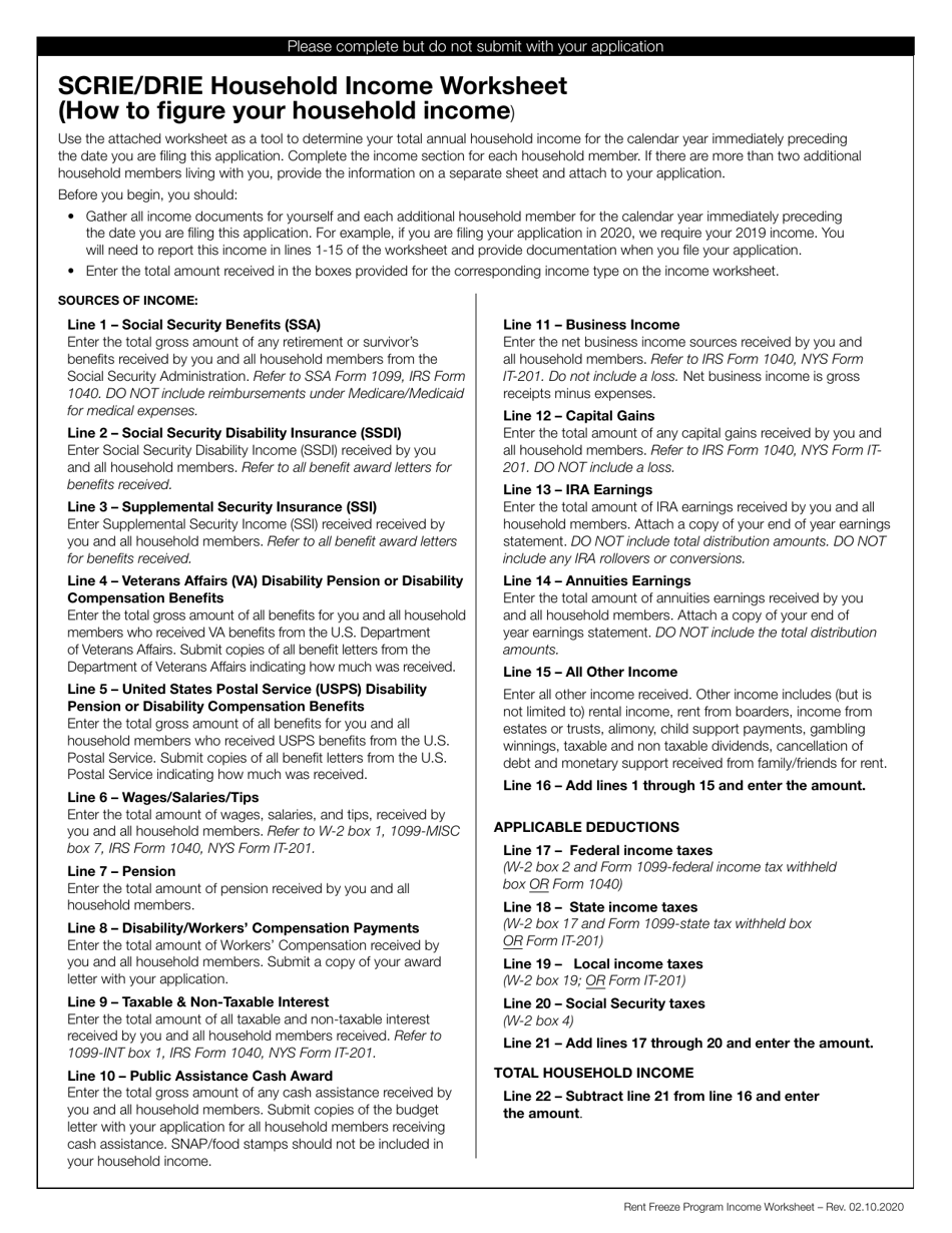 New York City Scrie/Drie Household Worksheet Fill Out, Sign