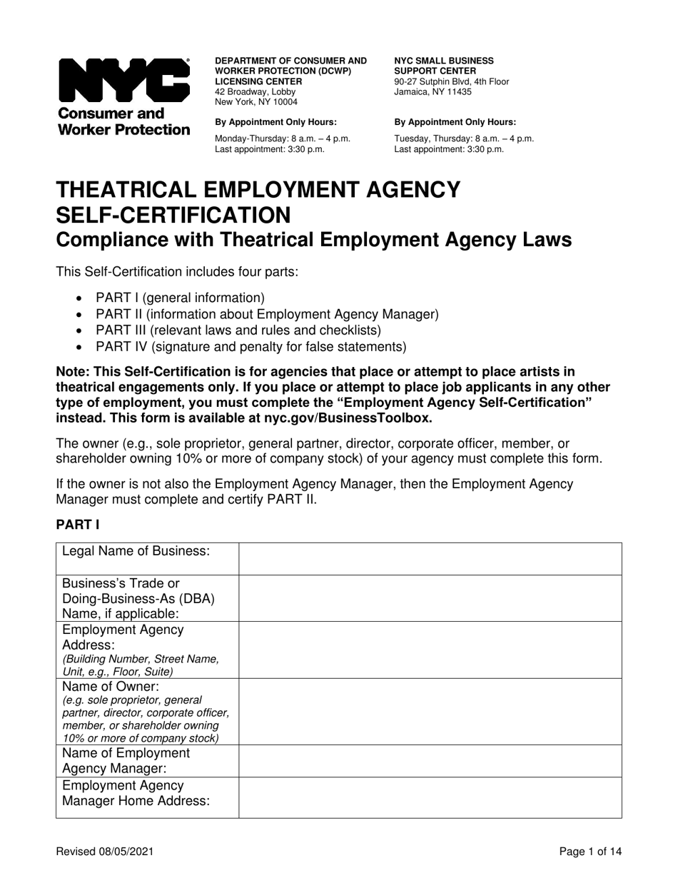 Theatrical Employment Agency Self-certification - New York City, Page 1
