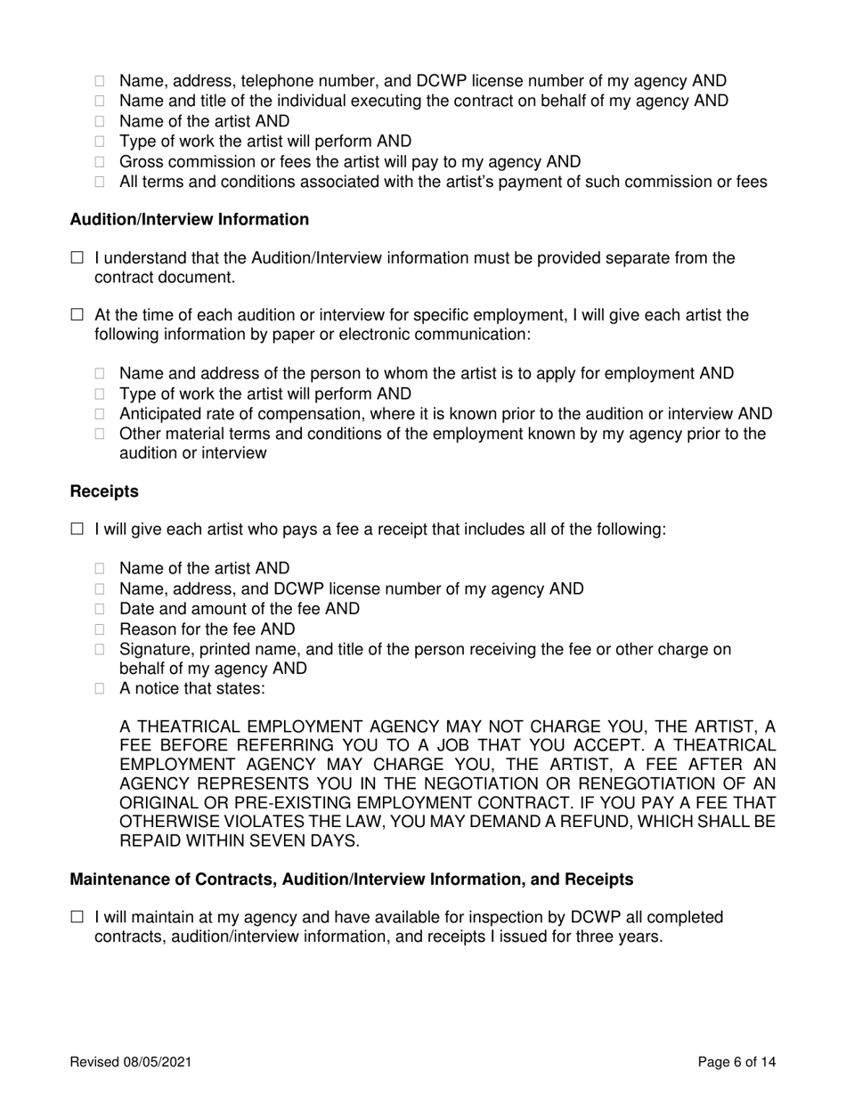 Theatrical Employment Agency Self-certification - New York City, Page 6