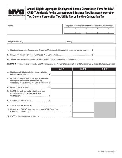 Form PO-0814 Annual Eligible Aggregate Employment Shares Computation Form for Reap Credit Applicable for the Unincorporated Business Tax, Business Corporationtax, General Corporation Tax, Utility Tax or Banking Corporation Tax - New York City