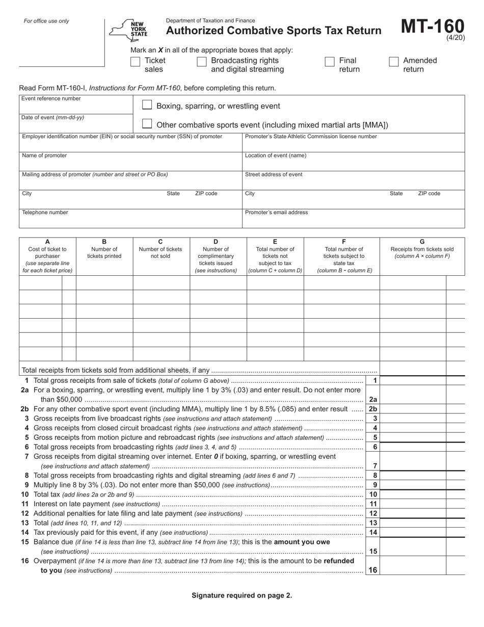 Form MT-160 Authorized Combative Sports Tax Return - New York, Page 1