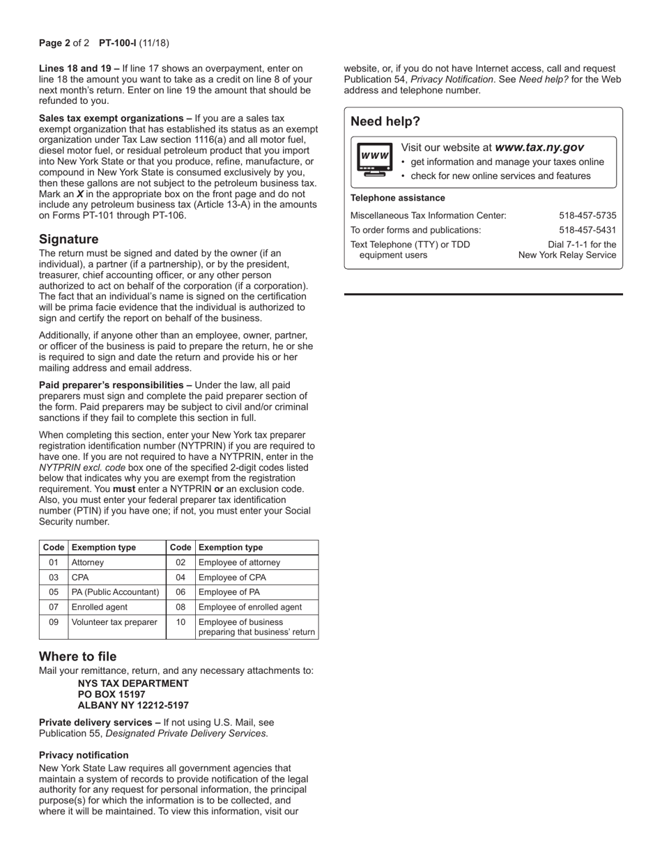Instructions for Form PT-100 Petroleum Business Tax Return - New York, Page 2