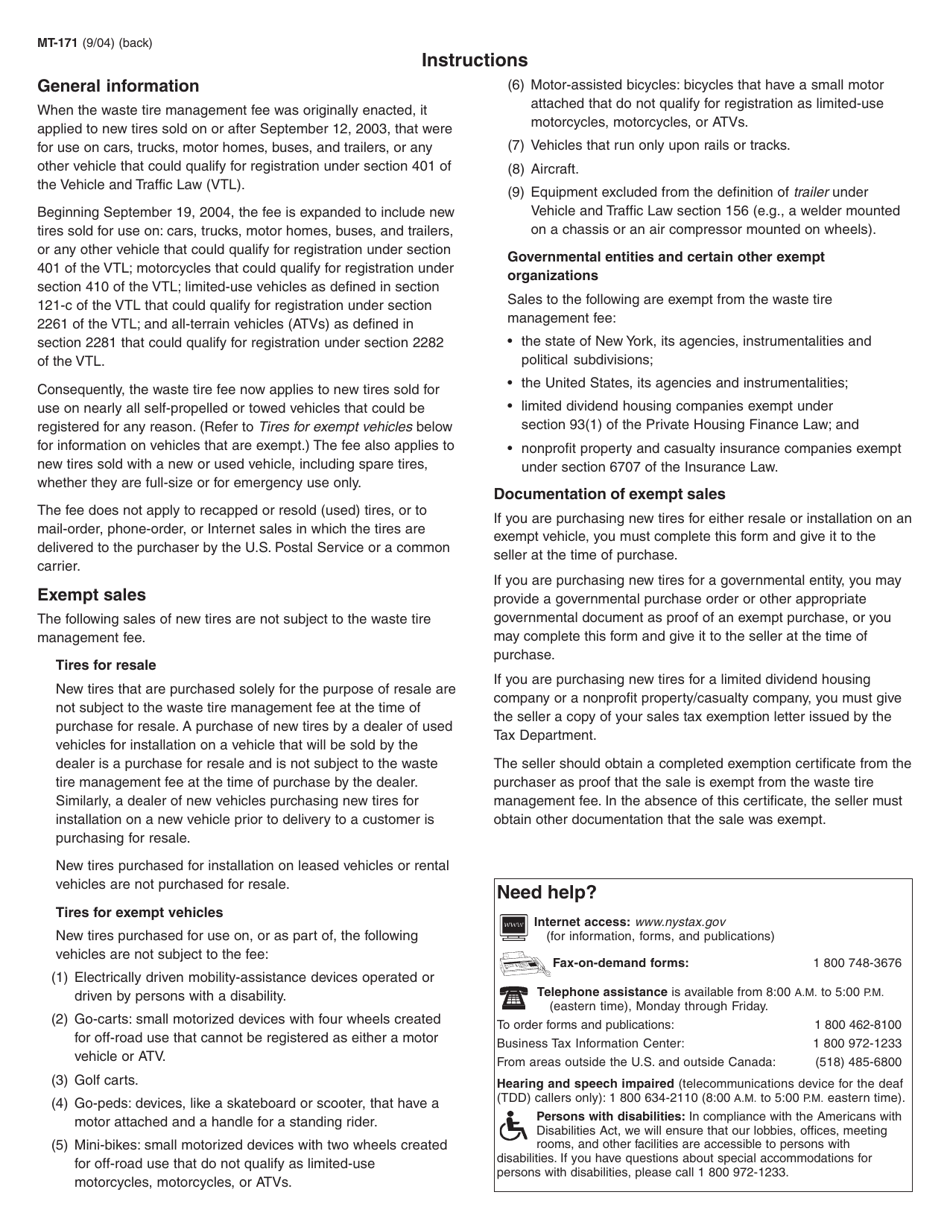 Form MT-171 Waste Tire Management Fee Exempt Purchase Certificate - New York, Page 2