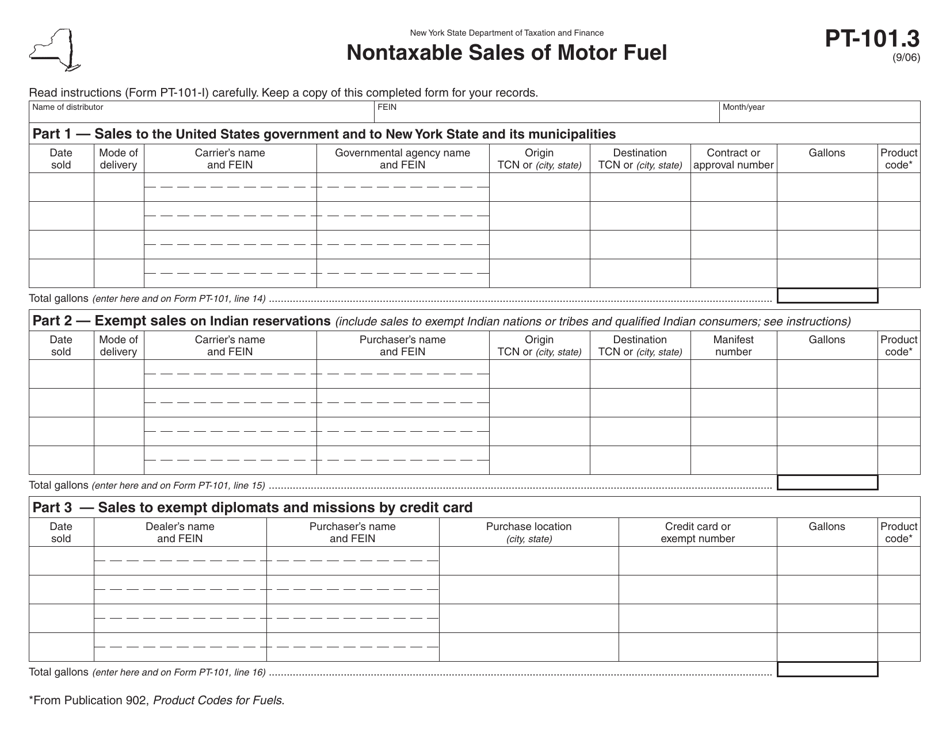 Form PT-101.3 Nontaxable Sales of Motor Fuel - New York, Page 1