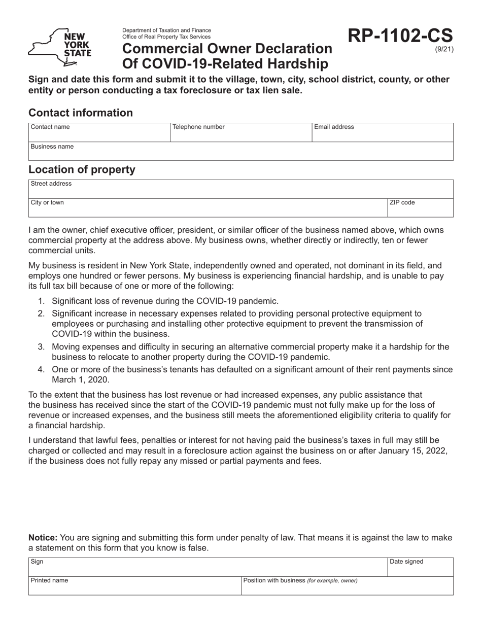 Form RP-1102-CS Commercial Owner Declaration of Covid-19-related Hardship - New York, Page 1