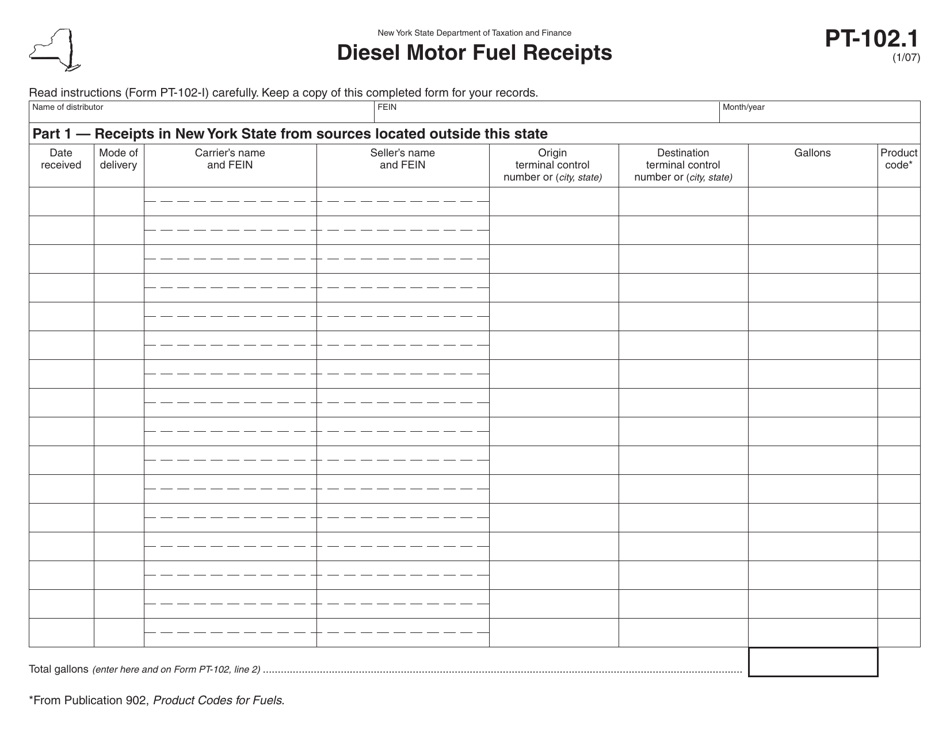 Form PT-102.1 Diesel Motor Fuel Receipts - New York, Page 1