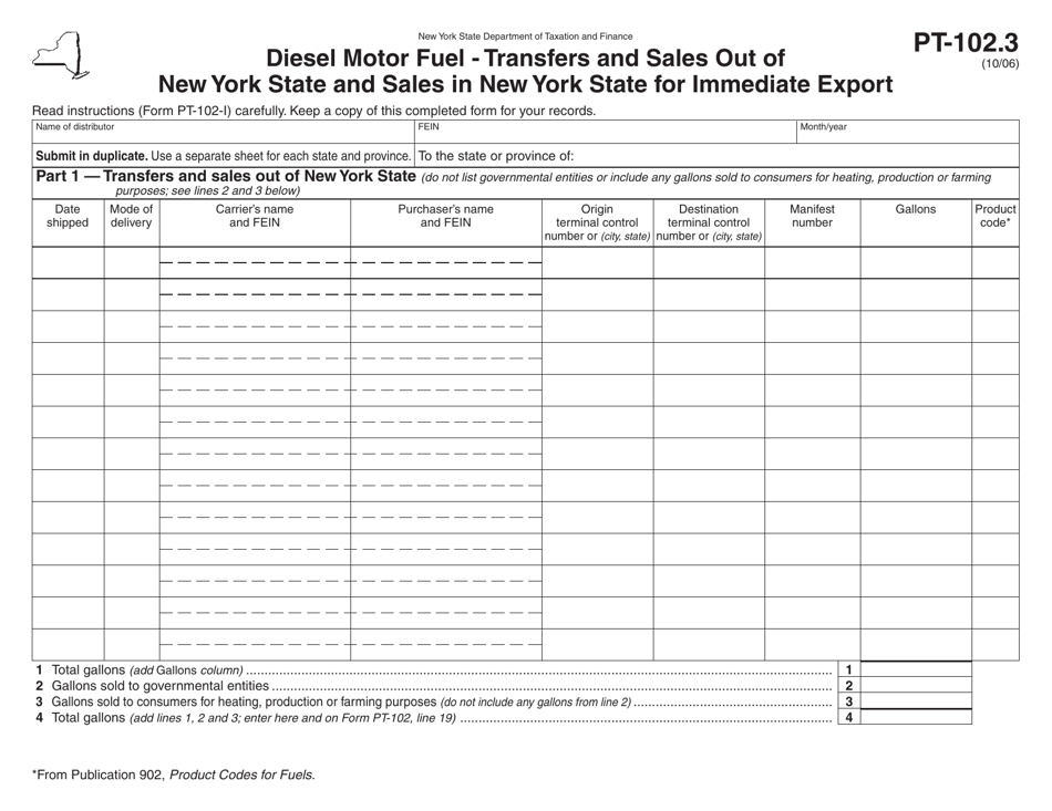 Form PT-102.3 Diesel Motor Fuel - Transfers and Sales out of New York State and Sales in New York State for Immediate Export - New York, Page 1