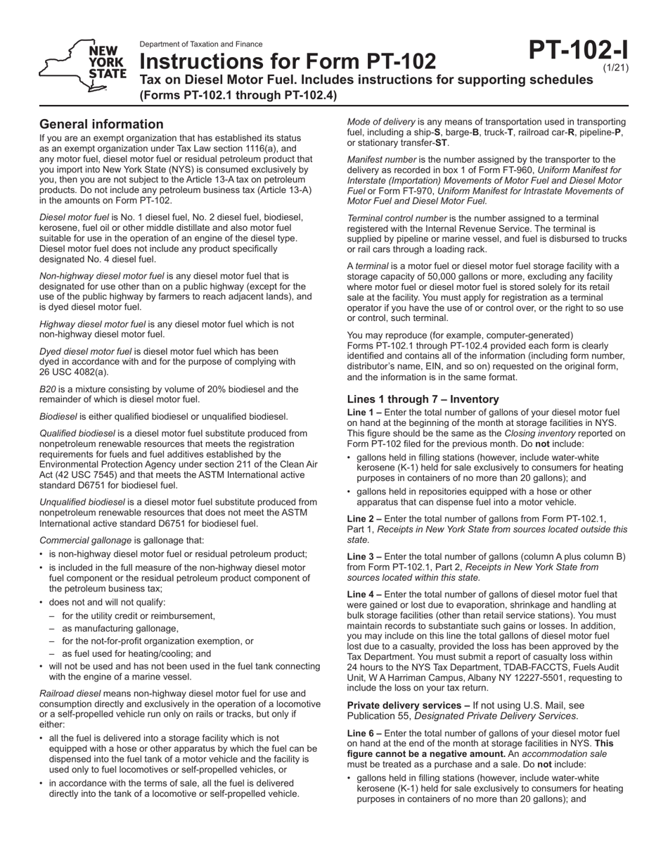 Instructions for Form PT-102 Tax on Diesel Motor Fuel - New York, Page 1