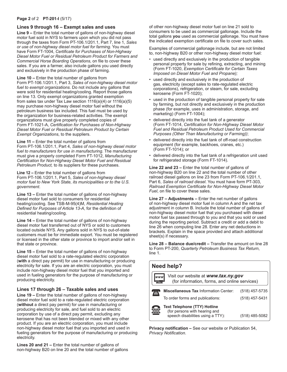 Instructions for Form PT-201 Retailers of Non-highway Diesel Motor Fuel Only (Quarterly Filer) - New York, Page 2