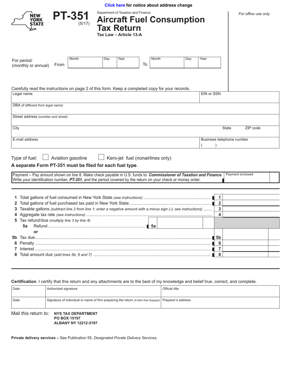 Form PT-351 Aircraft Fuel Consumption Tax Return - New York, Page 1