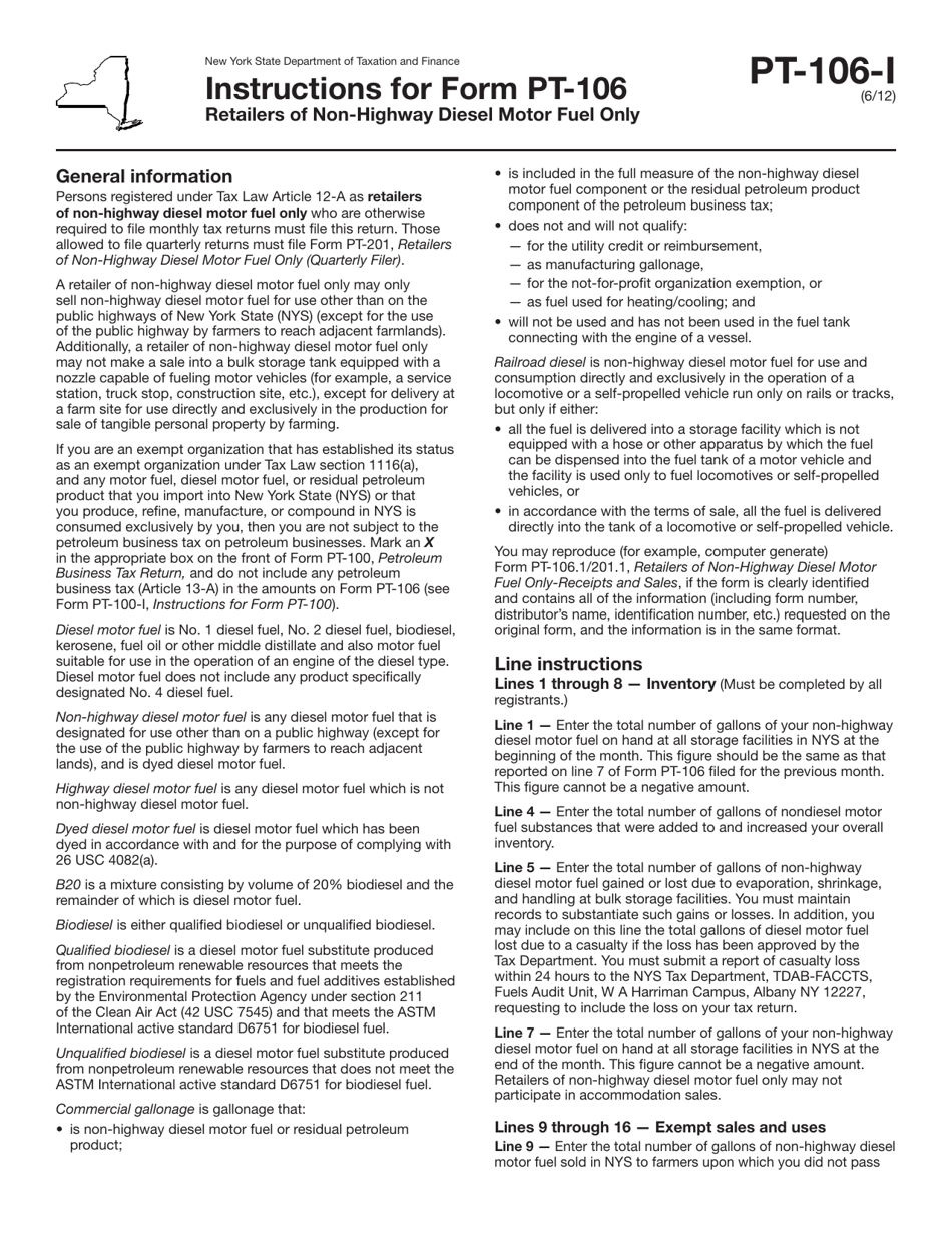 Instructions for Form PT-106 Retailers of Non-highway Diesel Motor Fuel Only - New York, Page 1