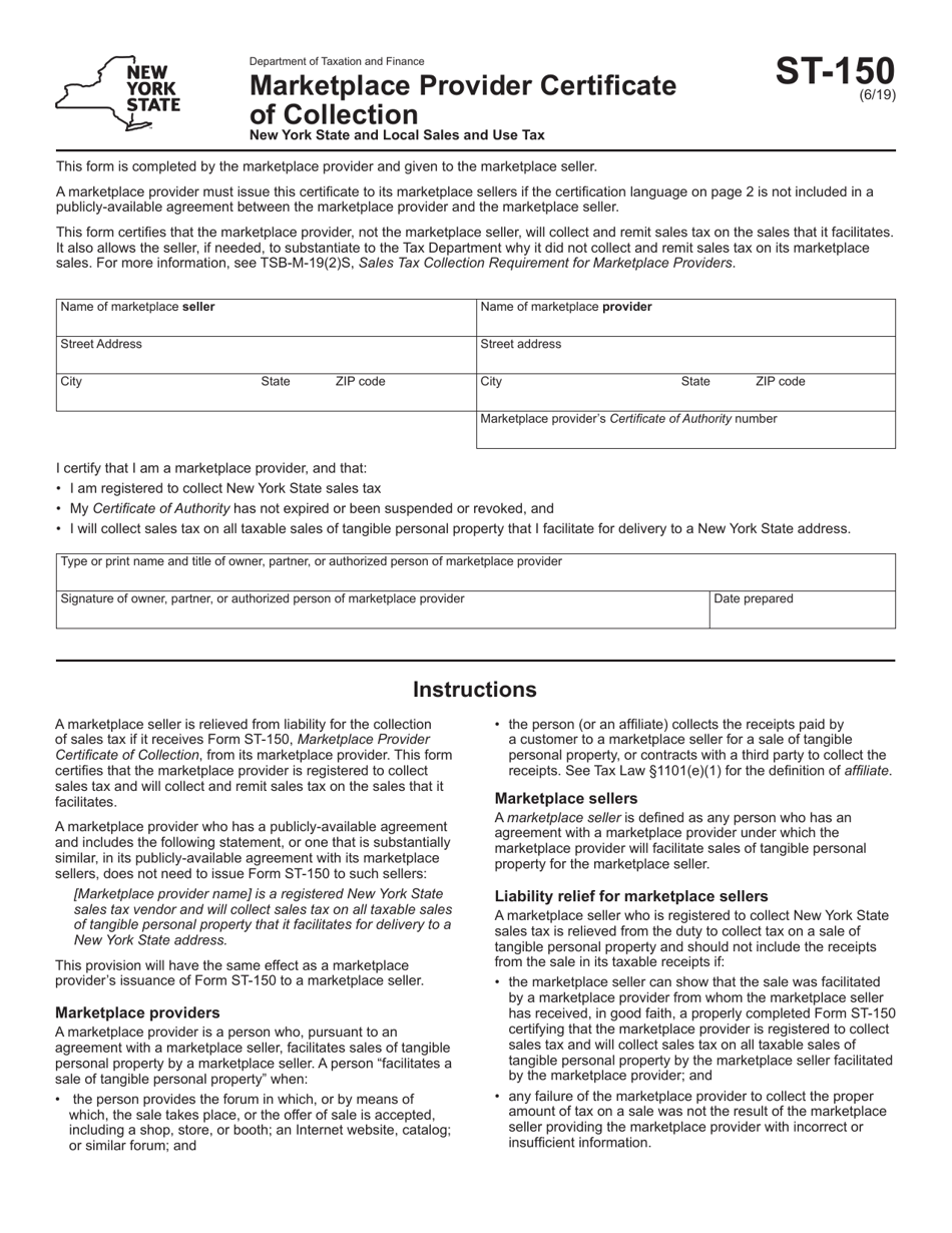 Form ST-150 Marketplace Provider Certificate of Collection - New York, Page 1