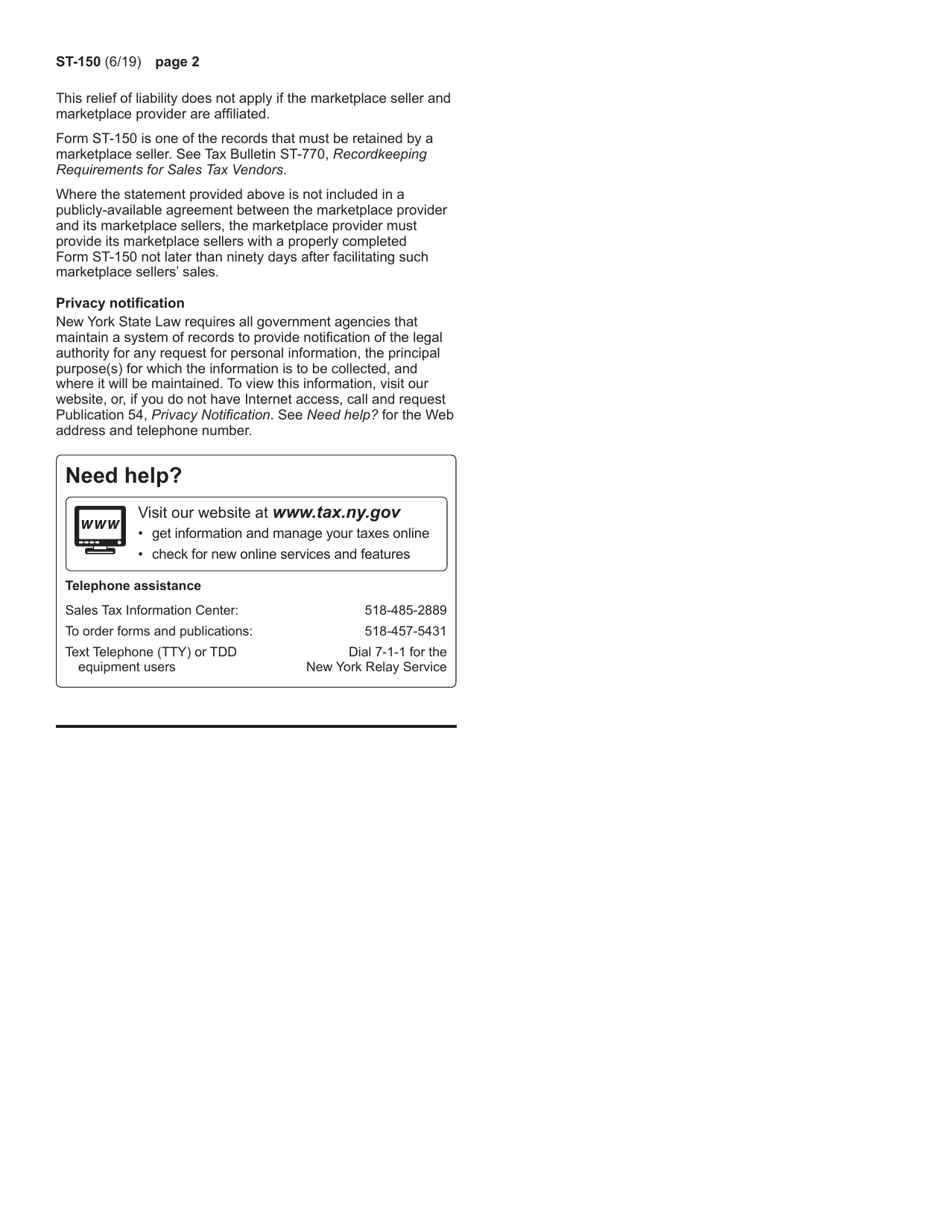 Form ST-150 Marketplace Provider Certificate of Collection - New York, Page 2