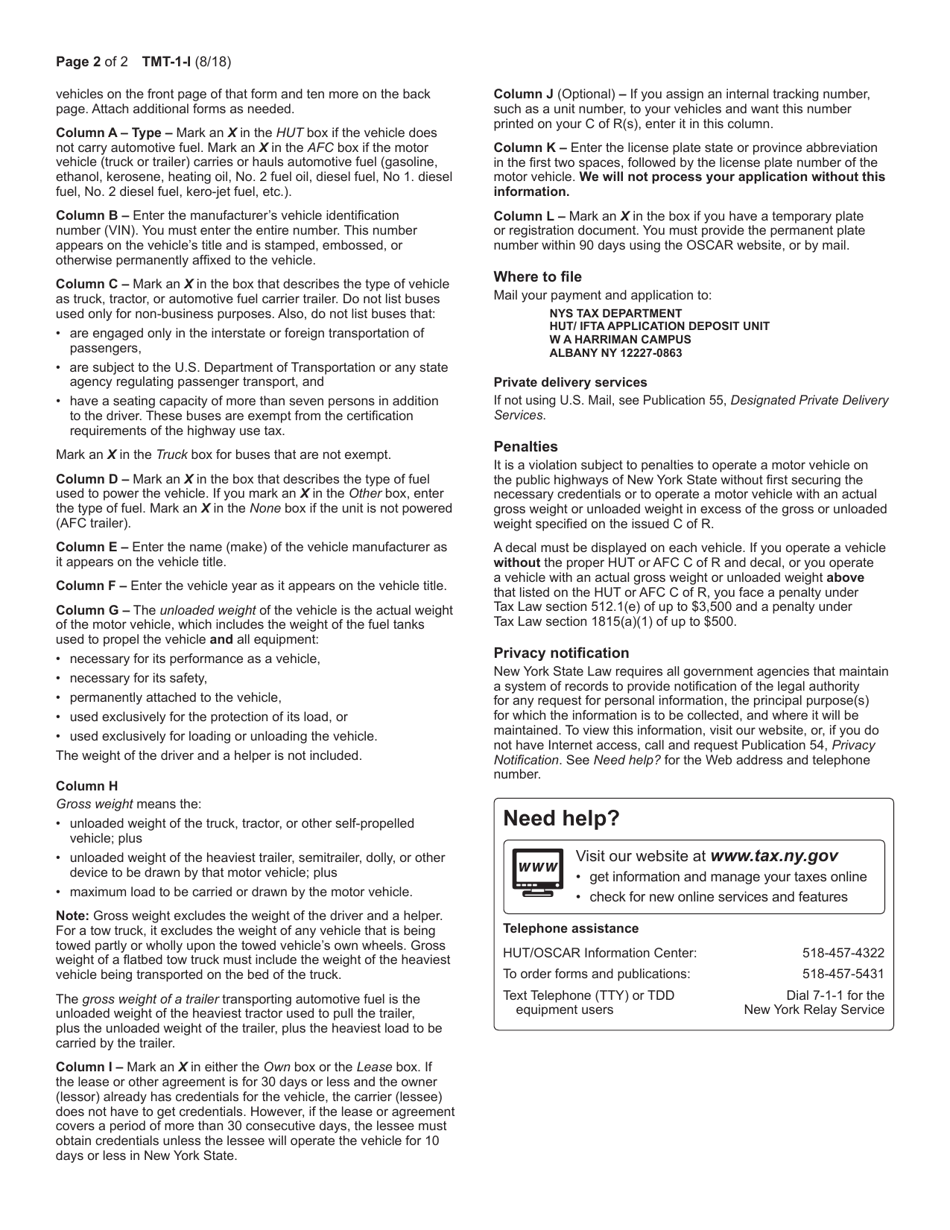 Instructions for Form TMT-1 Application for Highway Use Tax (Hut) and Automotive Fuel Carrier (Afc) Certificates of Registration (C of R) and Decals - New York, Page 2