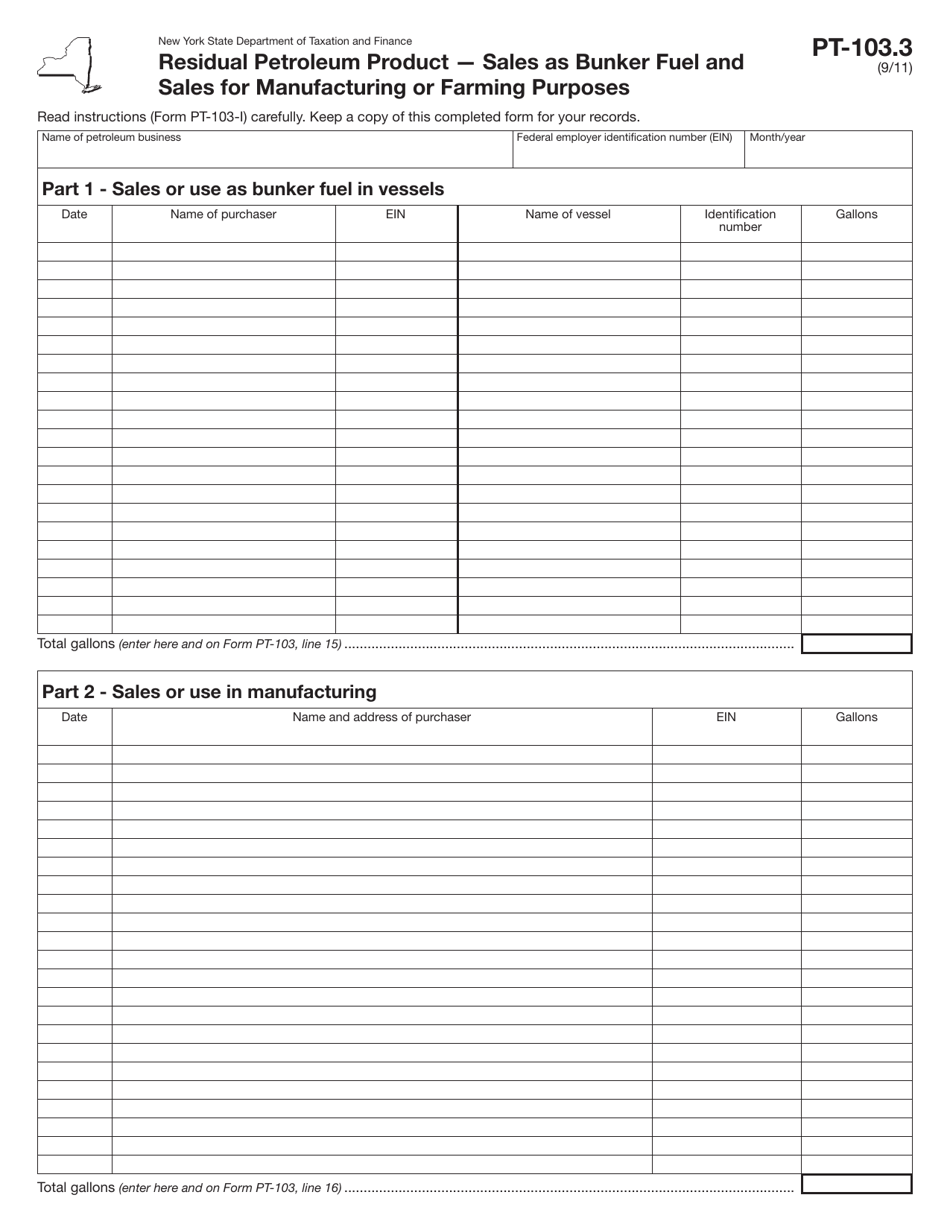 Form PT-103.3 Residual Petroleum Product - Sales as Bunker Fuel and Sales for Manufacturing or Farming Purposes - New York, Page 1