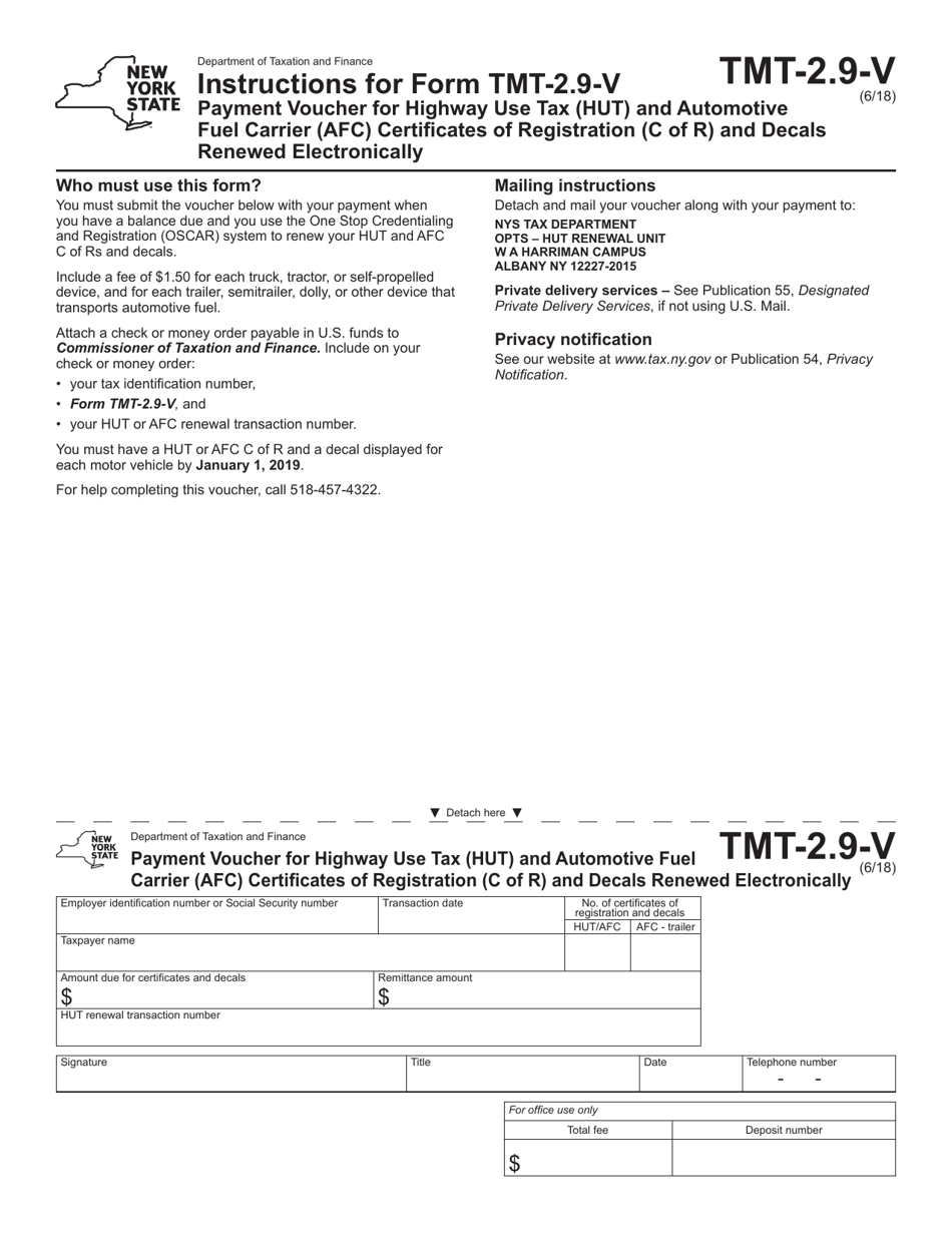 Form TMT-2.9-V Payment Voucher for Highway Use Tax (Hut) and Automotive Fuel Carrier (Afc) Certificates of Registration (C of R) and Decals Renewed Electronically - New York, Page 1