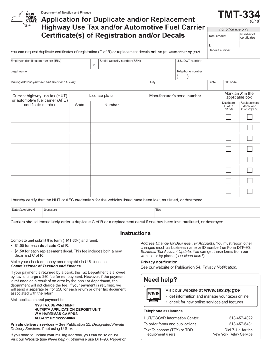 Form TMT-334 Application for Duplicate and / or Replacement Highway Use Tax and / or Automotive Fuel Carrier Certificate(S) of Registration and / or Decals - New York, Page 1