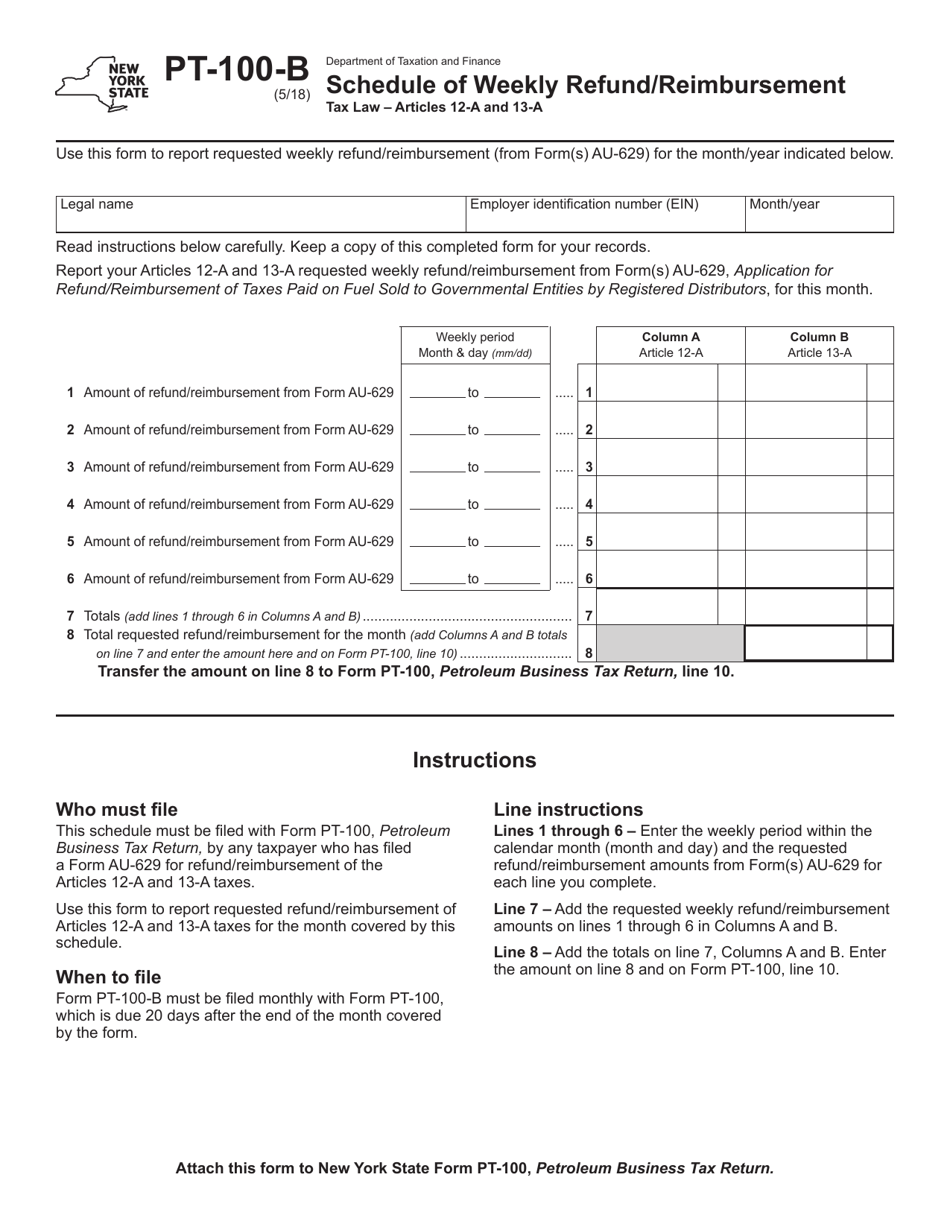 Form PT-100-B Schedule of Weekly Refund / Reimbursement - New York, Page 1