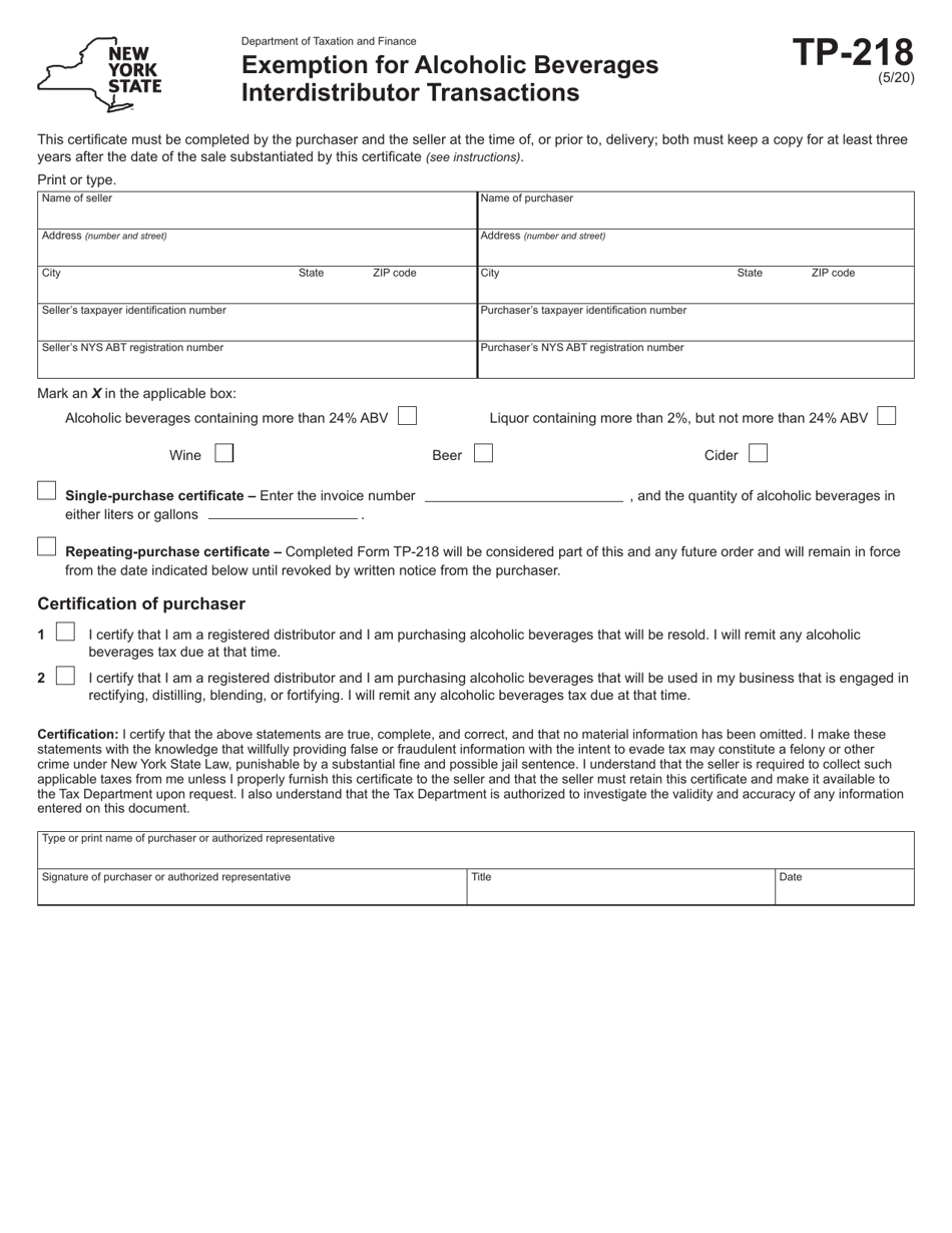 Form TP-218 Exemption for Alcoholic Beverages Interdistributor Transactions - New York, Page 1