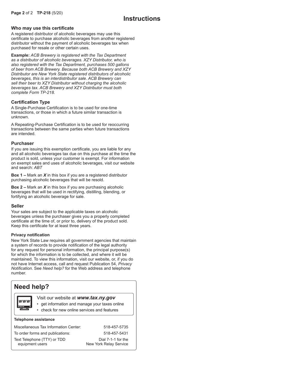 Form TP-218 Exemption for Alcoholic Beverages Interdistributor Transactions - New York, Page 2