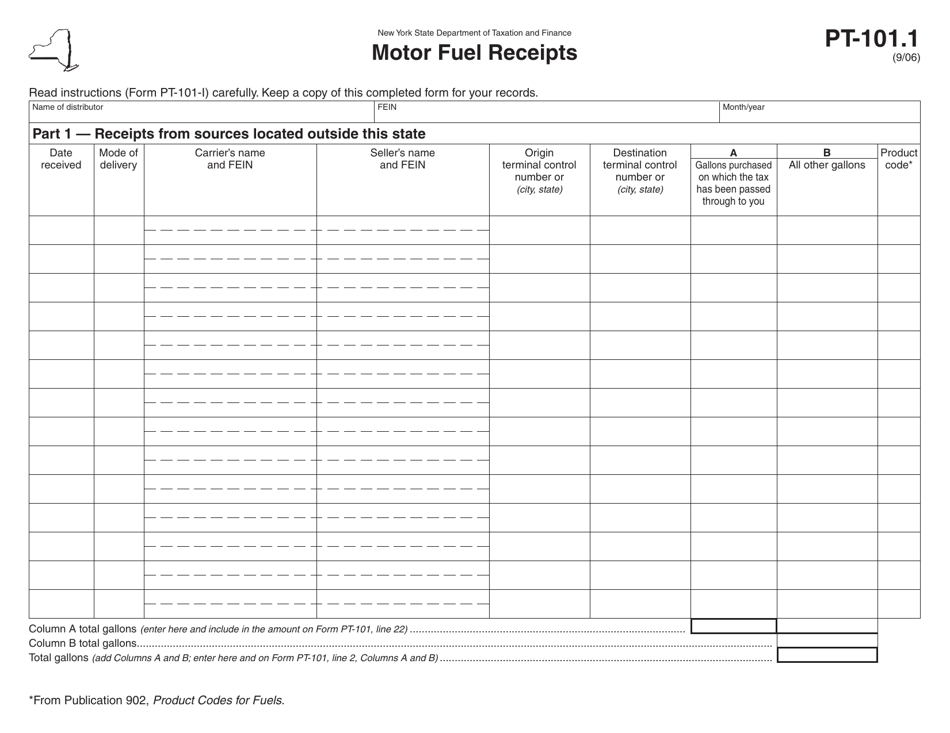 Form PT-101.1 Motor Fuel Receipts - New York, Page 1