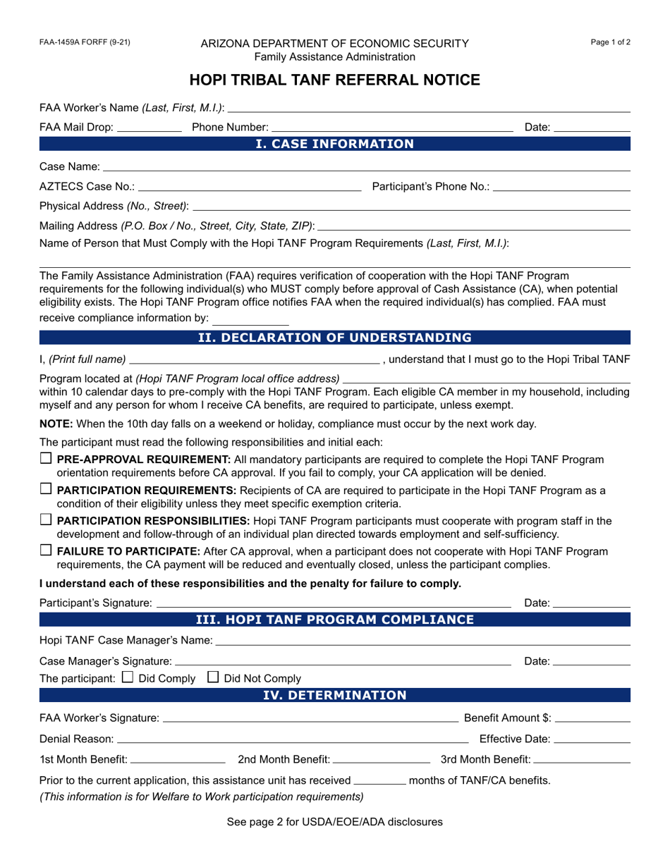 Form FAA-1459A Hopi Tribal TANF Referral Notice - Arizona, Page 1